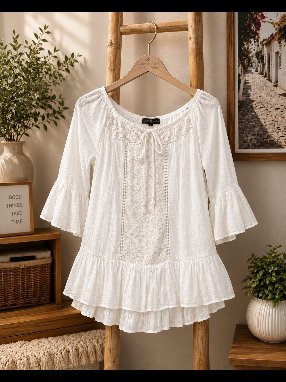 Women's White Lace Peasant Top - Boho Ruffle Tunic